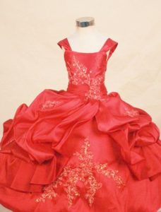 Wide Straps Red Appliques Beaded Little Girl Pageant Dress