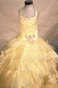 Beaded Yellow Halter Pageant Dress for Girls with Ruffles