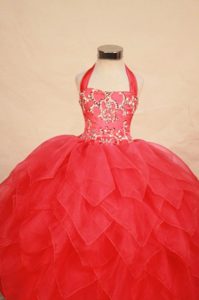 Red Little Girl Pageant Dress with Beading and Halter Neck