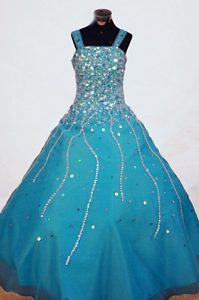 Beads Straps Organza Teal A-line Little Girl Pageant Dress