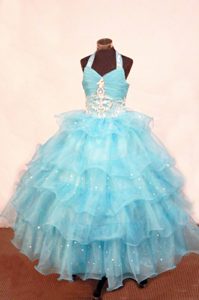 Ruffled Halter Aqua Beaded Girls Pageant Dresses in Kent