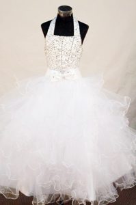 2014 White Beaded Halter Girls Pageant Dress with Ruffles