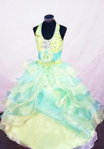 Flower Multi-colored Halter Layered Little Pageant Dresses