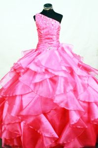 Hot Pink One Shoulder Beaded Ruffles Girls Pageant Dresses