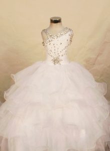 White Organza One Shoulder Beaded Girls Pageant Dresses