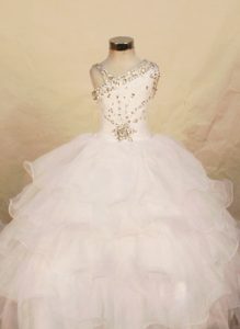 White Organza One Shoulder Beaded Girls Pageant Dresses