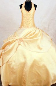 Halter Top Taffeta Gold Beaded Little Girl Pageant Dresses