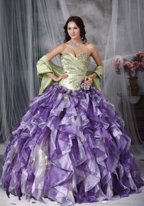 Spring Green and Purple Dress for Quince with Sweetheart Neck and Ruffles