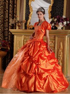 Appliqued Orange Red Dresses for a Quince with Jacket Pick ups