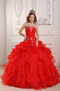 Red Quinceanera Gown Dress with Strapless Neckline and Ruffled Skirt