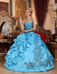 Aqua Blue Taffeta Sixteen Quinceanera Dresses with Appliques and Ruffles