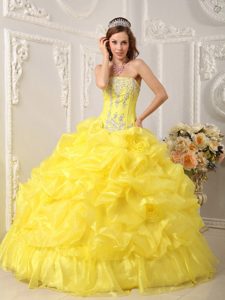 Yellow Strapless Organza Beading Pick-Up Dresses for Quinceaneras