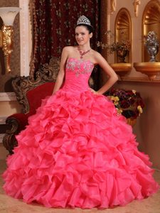 Appliqued and Ruffled Organza Hot Pink Dresses for A Quinceanera