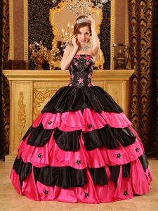 Hot Pink and Black Taffeta Dresses for A Quinceanera Embroidery