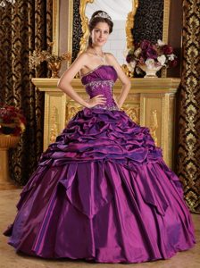 Purple Taffeta Ball Gown Quinceanera Dress with Pick-ups in Floor-length