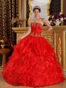 Red Strapless Quinceanera Gown with Gold Appliques by Organza