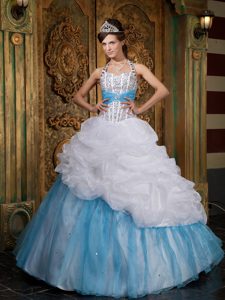 White and Blue Quinceanera Dress with Halter Top Neckline and Beading