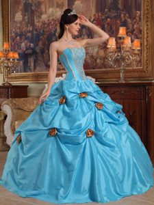 Chic Teal Strapless Taffeta Beading Dresses for Quinceaneras with 3D Flowers