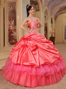 Coral Red One Shoulder Taffeta Quinceanera Party Dress with Appliques