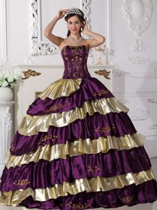 Dark Purple and Gold Sweet Sixteen Quinceanera Dress with Ruffles