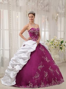 Purple and White Satin and Taffeta Quince Dresses with Embroidery