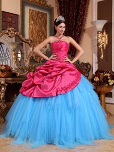 Red and Blue Beading Strapless Dresses for a Quince with Pick-ups