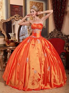 Orange Strapless Red Taffeta Sweet 15 Dresses with Appliques on Sale