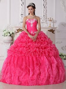 Hot Pink Strapless Dresses for a Quince with Ruffles and Appliques