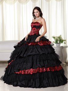 Black and Red Strapless Quinceanera Gown with Zebra Print Ruffles
