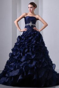 Brush Train Navy Blue Organza Quince Dresses with Beading Ruffles