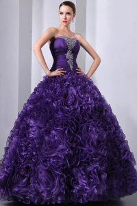 Elegant Organza Eggplant Purple Beading Sweet 15 Dresses with Ruffles