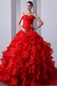 Brush Train Beading Ruches Organza Ruffles Red Dress Quinceanera