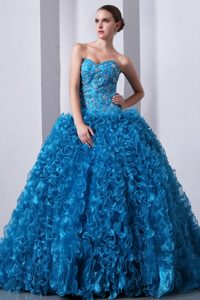 Beading Ruffles Blue Organza Dresses Quinceanera with Brush Train