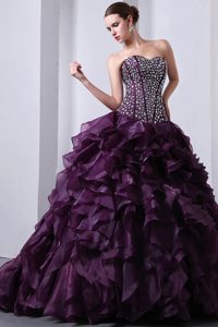 Elegant Purple Strapless Beading Dresses for A Quinceanera with Ruffles