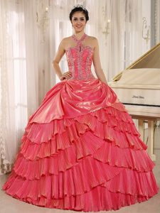 Watermelon Halter Quinceanera Dresses with Beading Ruffled Layers