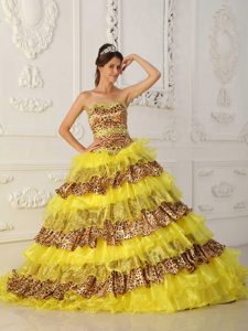 Beaded Bright Yellow Organza Dresses Quinceanera Leopard Print