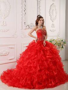 Embroidered and Ruffled Red Sweet Sixteen Dresses with Brush Train
