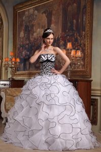Zebra Print White and Black Quinceanera Dress Appliques Ruffles