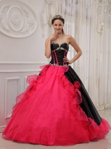 Black and Coral Red Quinceanera Dress with Appliques and Ruffles