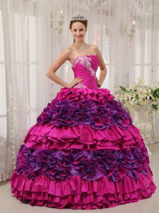 Appliques Ruffles Strapless Quinceanera Gown Dresses in Hot Pink