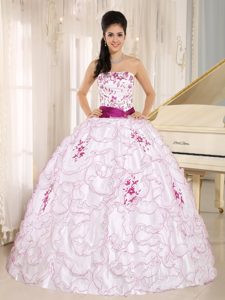 White Strapless Quinces Dresses with Frilly Ruffles and Embroidery