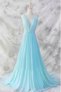 Noble Baby Blue Chiffon Backless Mother Of The Bride Dress Sleeveless Brush Train Belt