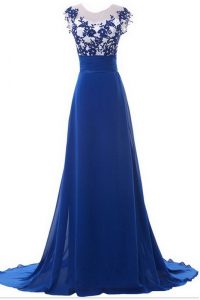 Dramatic Scoop Beading and Appliques Mother Of The Bride Dress Blue Zipper Sleeveless With Brush Train