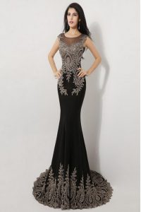 Dynamic Mermaid Scoop Black Silk Like Satin Zipper Prom Evening Gown Sleeveless Floor Length Brush Train Appliques