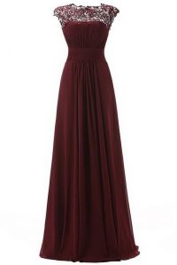 Delicate Scoop Burgundy Sleeveless Floor Length Lace Zipper Prom Party Dress