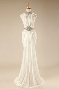 Flirting White High-neck Neckline Beading and Belt Mother Of The Bride Dress Sleeveless Zipper