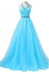 Aqua Blue Halter Top Neckline Beading and Belt Mother Of The Bride Dress Sleeveless Lace Up