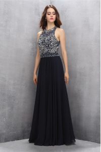 Vintage Scoop Black Sleeveless Chiffon Backless Prom Evening Gown for Prom and Party