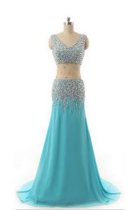 Hot Sale V-neck Sleeveless Asymmetrical Beading Aqua Blue Chiffon