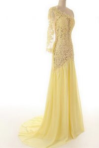 High End One Shoulder Light Yellow 3 4 Length Sleeve Chiffon and Lace Sweep Train Side Zipper Mother Of The Bride Dress for Prom and Party